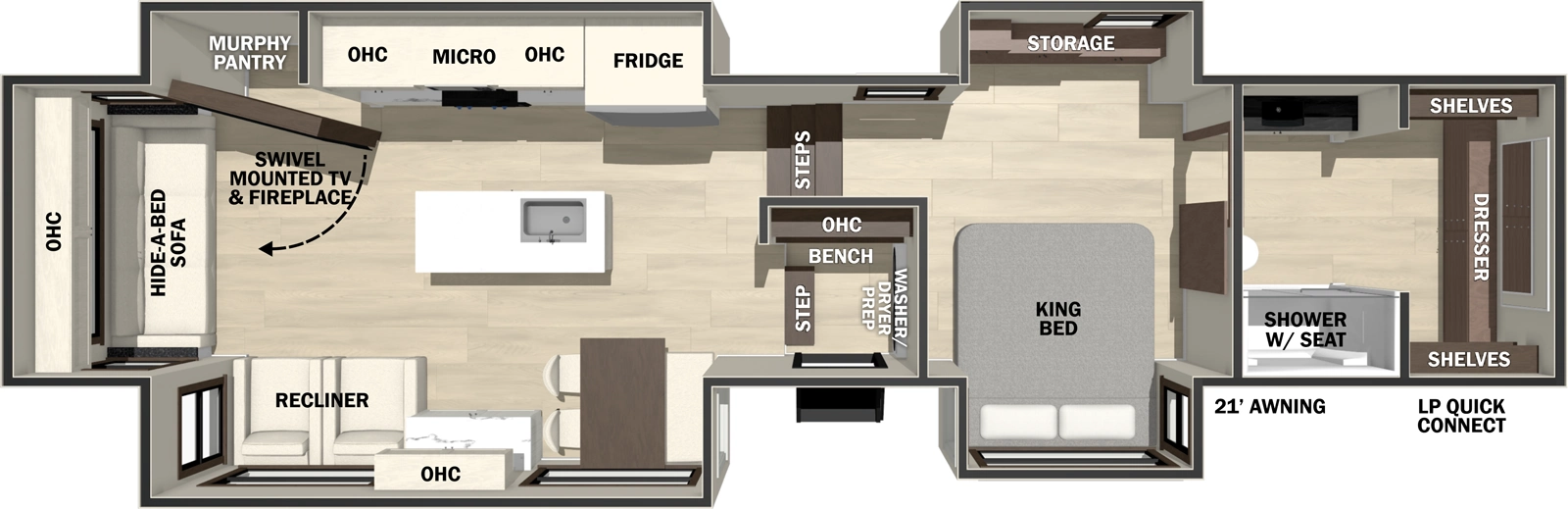 The Cedar Creek 383FB floorplan has one entry and four slide outs. Exterior features include: fiberglass exterior and 21' awning. Interiors features include: kitchen island, free-standing dinette option and rear living.